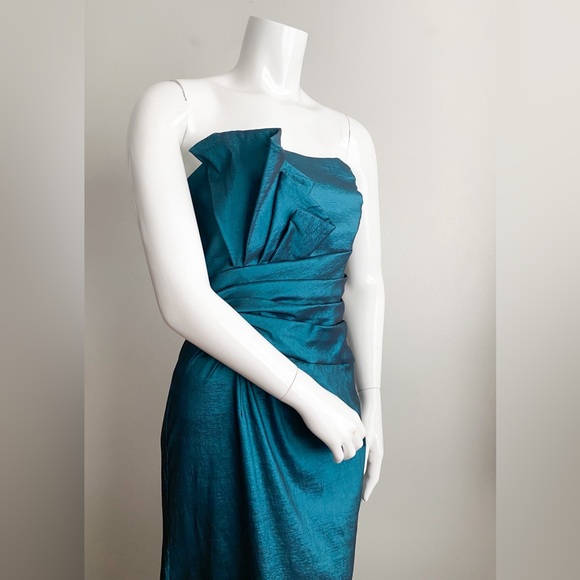 Jessica McClintock Teal Shantung Column Gown Maxi Dress Draped Ruched Wedding 8 - Picture 3 of 8